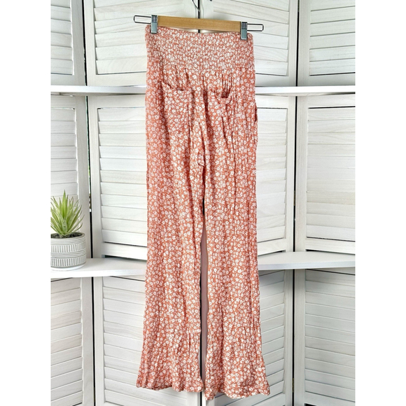 Billabong Floral Smocked Waist Wide Leg Women’s M Pants Orange White Daisy Boho - Picture 2 of 5